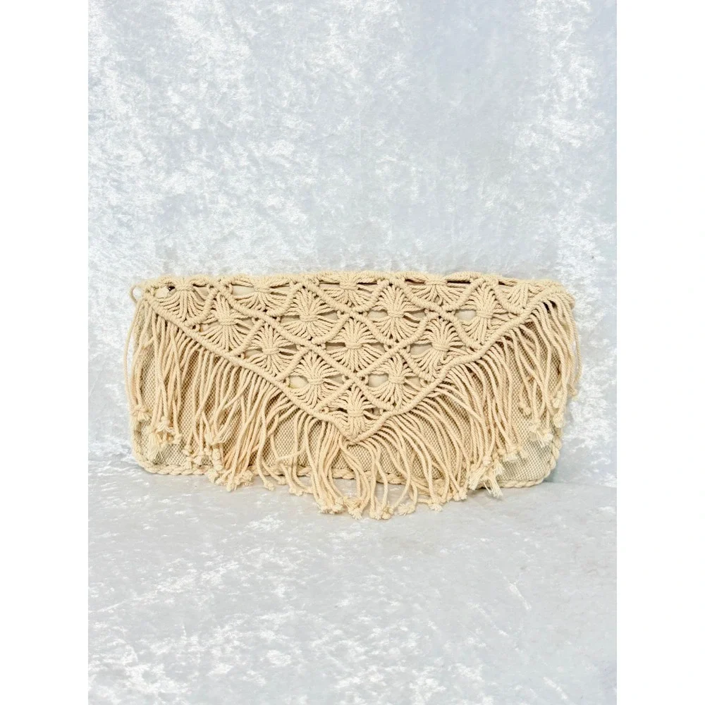 American Eagle Outfitters Cream Macrame Fringe Boho Clutch Bag Neutral Woven New